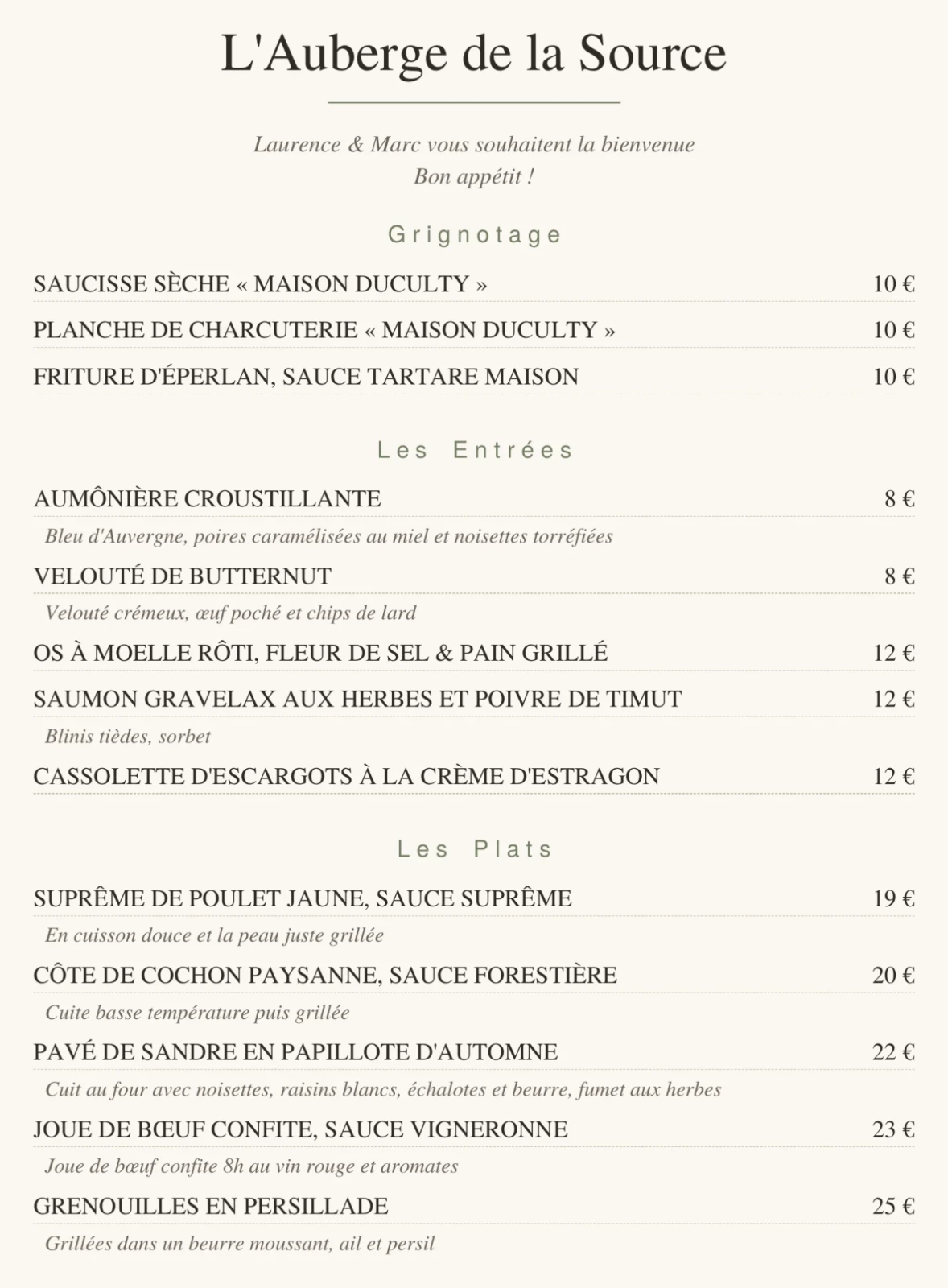 Carte de l'Auberge de la Source, page 1